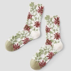 Floral Crew Socks in White, Green & Red